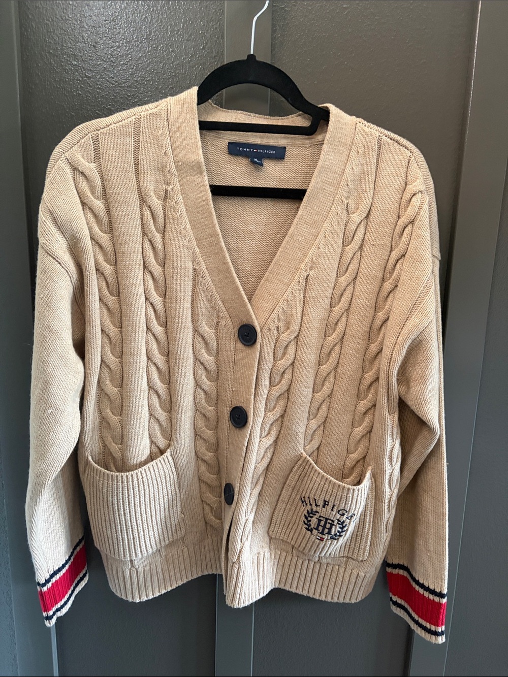Tommy Hilfiger Tan Cable-Knit Button Cardigan with Striped Cuffs